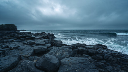 A rugged coastline with dark, jagged rocks and a churning ocean under stormy skies. The moody blues and dramatic clouds create a powerful, cinematic seascape suitable for nature, travel, and editorial projects.の素材