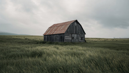 An old, weathered wooden barn sits in a vast grassy plain beneath a moody, overcast sky. The scene conveys rustic solitude and timeless rural charm, suitable for background imagery in travel, agriculture, or country lifestyle campaigns. Perfect for use in magazines, websites, posters, or ads referencing farm life, rural landscapes, or nostalgic Americana.の素材