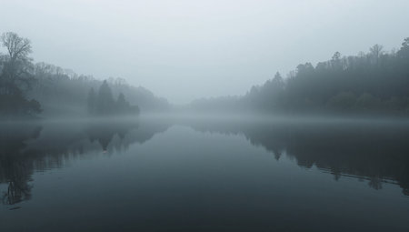 A tranquil, fog-shrouded lake bordered by bare and evergreen trees, with a mirror-like reflection across the water. The subdued blue-gray tones and misty atmosphere convey calmness and mystery, ideal for nature, travel, wellness, and atmospheric branding or editorial imagery.の素材