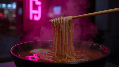 Close-up of ramen noodles lifted by chopsticks over a steaming bowl, bathed in pink neon light. The moody, urban atmosphere makes this image ideal for restaurant branding, menus, and social media campaigns.の素材
