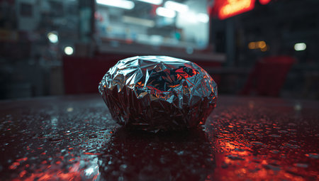 An irregular aluminum foil ball sits on a rain-wet urban street at night. The metallic surface reflects neon and ambient lights, producing a moody, cinematic glow. Ideal for advertising, product photography, and urban lifestyle branding with a futuristic or edgy feel.の素材