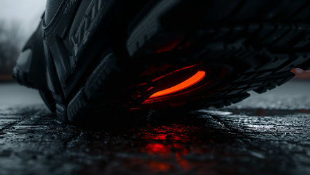 A close-up shot of a car tire on a wet surface, illuminated by a vivid red glow from beneath the vehicle. The moody, cinematic lighting creates a dramatic automotive aesthetic suitable for advertising tires, wheels, or night-drive concepts.の素材