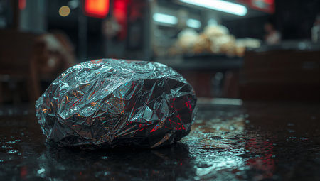Close-up of a crumpled aluminum foil ball on a glossy, rain-wet street at night. The moody urban scene is lit by neon glow, with sharp reflections and a cinematic atmosphere suitable for concepts of urban life, waste, or street photography.の素材