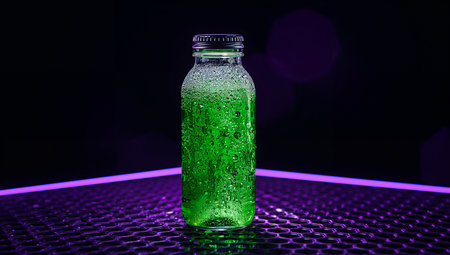 Glass bottle filled with bright green liquid stands on a textured metal surface under purple neon lighting. Condensation beads cover the glass, creating a vivid, moody look with a futuristic vibe. Suitable for beverage, energy drink, or product photography campaigns with a sci-fi or modern branding aesthetic.の素材