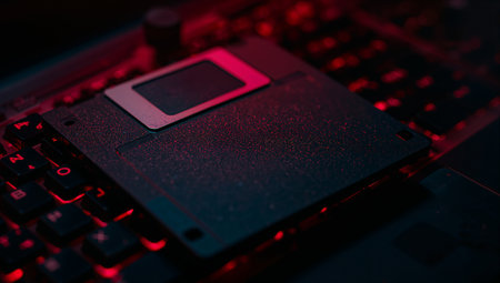 Close-up of a dusty floppy disk resting on a backlit laptop keyboard, illuminated by red neon light. The moody cyberpunk aesthetic evokes vintage data storage and tech nostalgia, suitable for tech campaigns, retro branding, or cybersecurity visuals.の素材