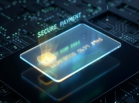 A futuristic, glowing credit card image set against a circuit-board backdrop emphasizing secure payments and fintech technology. It conveys trust, innovation, and modern digital finance, ideal for marketing payment security, card tech, and online transactions.の素材