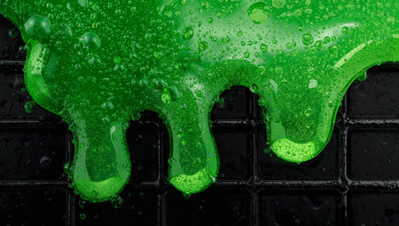 A vivid neon green liquid forms abstract curves and bubbles across a glossy black tiled surface. The high-contrast, wet texture conveys energy and modernity, ideal for tech, automotive, or creative advertising campaigns.の素材