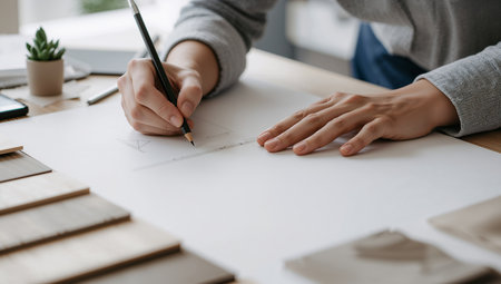 Close-up of a designer's hands sketching on a large drafting sheet with a graphite pencil. The scene conveys a calm, focused mood with desk props like a plant and fabric swatches, suitable for architecture, interior design, and product development visuals.の素材