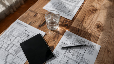 Top-down view of architectural blueprints spread across a rustic wooden table, accompanied by a glass of water, a tablet, and a pencil. The scene conveys a focused, professional design workspace ideal for architecture, engineering, or interior design projects.の素材