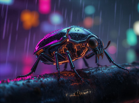 A highly detailed sci-fi beetle robot with illuminated orange and pink accents sits on a wet, rain-slick surface beneath a neon-lit city. The glossy exoskeleton is threaded with warm circuitry glow while purple-pink reflections create a moody cyberpunk atmosphere. Perfect for tech, gaming, film concept art, or advertising requiring futuristic, high-impact visuals.の素材