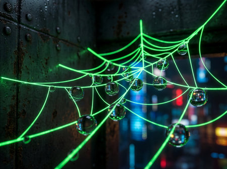 A neon-green light installation forms a spider-web pattern of glowing lines and reflective glass spheres suspended against a dark, industrial backdrop. The futuristic, urban mood lends itself to tech, nightlife, and contemporary art campaigns.の素材