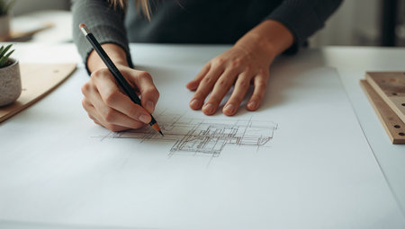 A designer or architect sketches architectural plans with a pencil on a large white sheet in a bright studio. The focused hands and precise lines create a calm, creative mood suitable for architecture, design, or drafting projects.の素材
