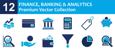A comprehensive set of twelve blue finance and banking vector icons featuring essential symbols for business analytics, financial investment, and money management in a modern flat design.のイラスト素材