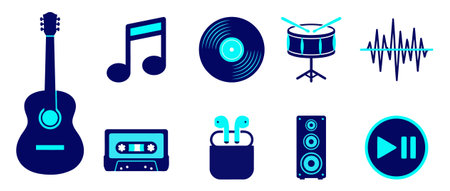 A set of 10 isolated flat vector icons depicting music and sound essentials, including an acoustic guitar, vinyl record, drum, cassette tape, and wireless earbuds, designed in a corporate deep blue and bright cyan duotone style.のイラスト素材