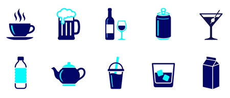 A set of modern, duotone vector icons illustrating popular beverages including coffee, beer, wine, water, and soda. Ideal for menus, UI/UX design, mobile apps, or web graphics.のイラスト素材