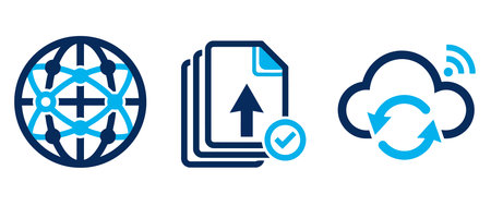 Graphic icons showing network connectivity, file upload, and cloud sync. Useful for technology and digital concepts.のイラスト素材
