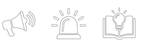 Minimalistic line art depicting a megaphone, an emergency siren, and a lightbulb set against a plain background, with a focus on clear communication and alerts.のイラスト素材