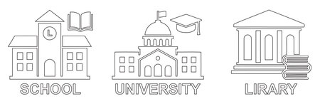 Outline drawings of school, university, and library buildings, depicting educational themes.のイラスト素材