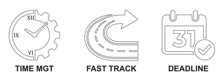 Illustration featuring symbols for time management, fast track, and deadlines, emphasizing productivity and efficiency concepts.のイラスト素材