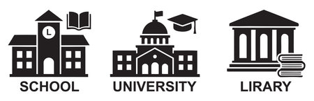 Illustration of educational institution icons including a school, university, and library, symbolizing various learning environments.のイラスト素材