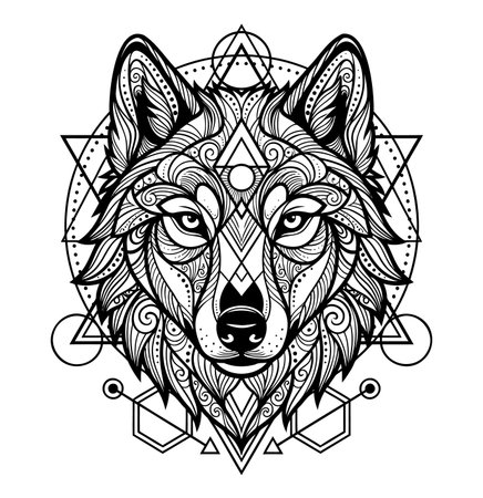 A detailed wolf mandala illustration in black and white, showcasing geometric patterns and artistic flair.のイラスト素材