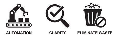 Black and white icons illustrating the concepts of automation with a robotic arm, clarity with a checkmark, and waste elimination with a trash bin.のイラスト素材