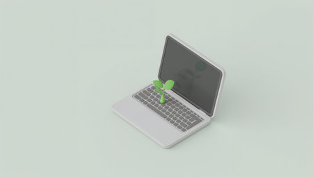Minimalist image of a small green sprout emerging from a laptop keyboard, symbolizing growth and technology integration, on a white background.の素材