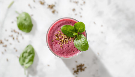 A vibrant berry smoothie in a glass topped with fresh basil leaves and seeds, set against a textured white surface, capturing a healthy and refreshing mood.の素材