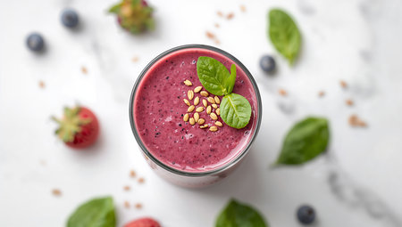 Close-up of a vibrant berry smoothie in a glass, garnished with seeds and fresh mint leaves, on a light marble background with scattered fruits and leaves.の素材