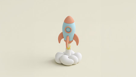 A minimalist image of a colorful toy rocket launching upwards, set against a soft pastel background, symbolizing imagination and adventure.の素材