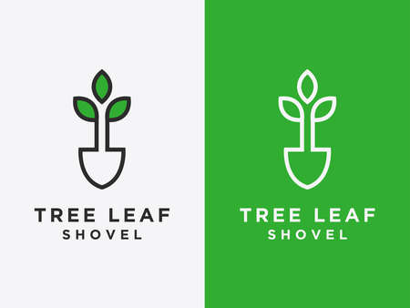 Leaf logo and simple shovel are linear style vector designs Set. - Vectorのイラスト素材