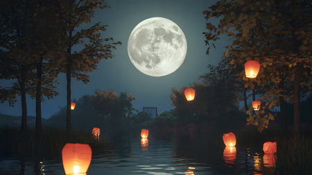 A serene night scene with a large full moon illuminating a calm body of water filled with glowing floating lanterns.の素材