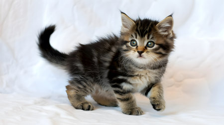 A small, fluffy tabby kitten stands on a white background, looking directly at the camera with wide, curious eyes.の素材