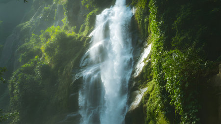 A powerful waterfall plunges down a steep, moss-covered cliff face surrounded by vibrant green foliage.の素材