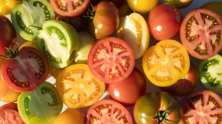 A vibrant, close-up view of various heirloom tomatoes, sliced to reveal their diverse colors, textures, and seeds.の素材