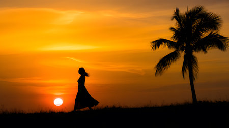 A solitary woman walks along a dark horizon as the sun sets behind a silhouetted palm tree.の素材