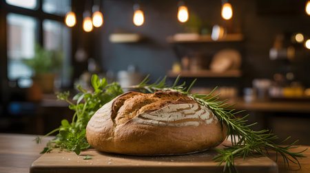 A golden-brown loaf of sourdough bread sits on a wooden board, adorned with fresh rosemary and parsley, in a warm, dimly lit kitchen.の素材