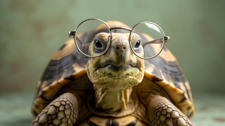 A close-up portrait of a tortoise wearing large, round wire frame glasses, looking directly at the camera with a serious expression.の素材