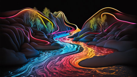 3d render of abstract landscape with river, forest and colorful lightsの素材