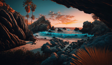3D render of a beautiful beach with palm trees and rocks at sunsetの素材