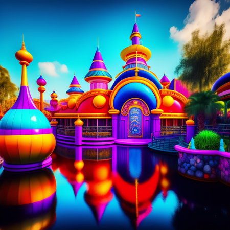 colorful temple on the water in the park.の素材