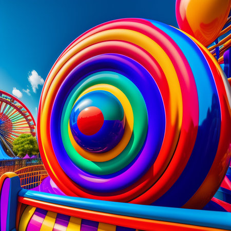 Colourful inflatable rings in amusement parkの素材