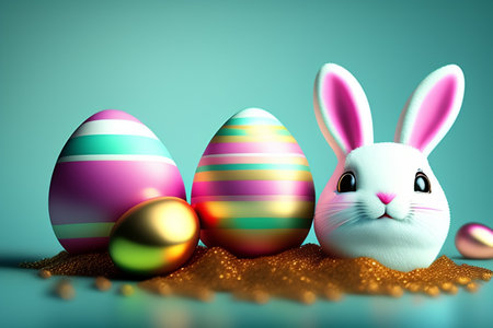 Easter bunny and easter eggs on green backgroundの素材