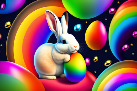 Easter bunny and colorful eggs on dark backgroundの素材