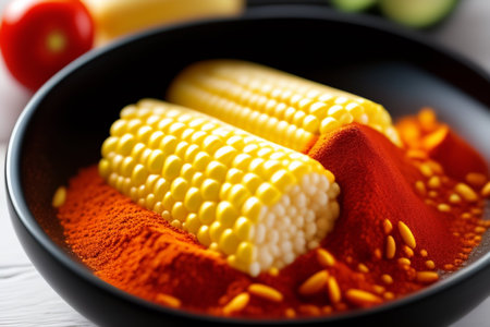Bowl with corn and paprika on white wooden tableの素材