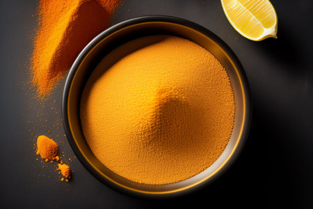 Turmeric powder in bowl with lemon on black backgroundの素材