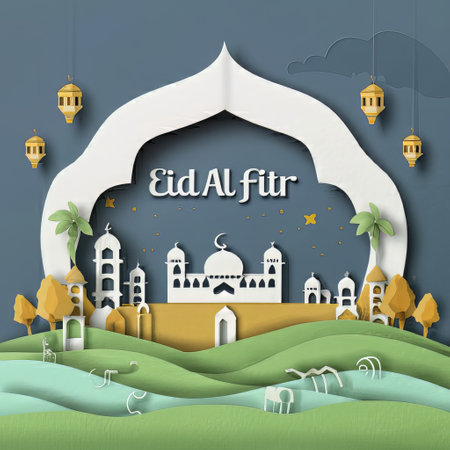 Paper art style of Eid al Fitr greeting background. Vector illustration.の素材
