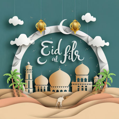 Eid Al Fitr greeting card with mosque and camel. Vector illustrationの素材