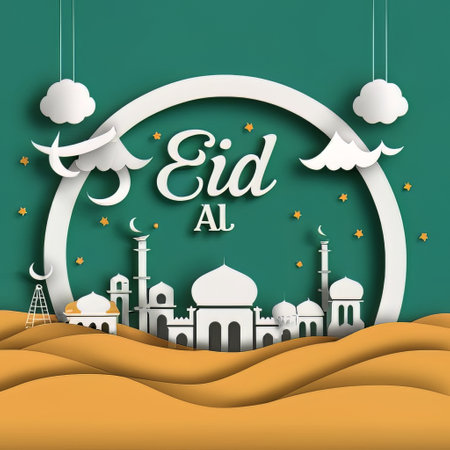 Eid Al Adha background with paper art and craft style. Vector illustration.の素材