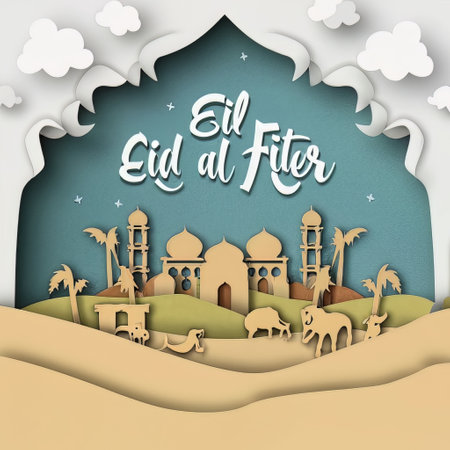 Eid Al Fitr greeting card. Paper cut style. Vector illustration.の素材